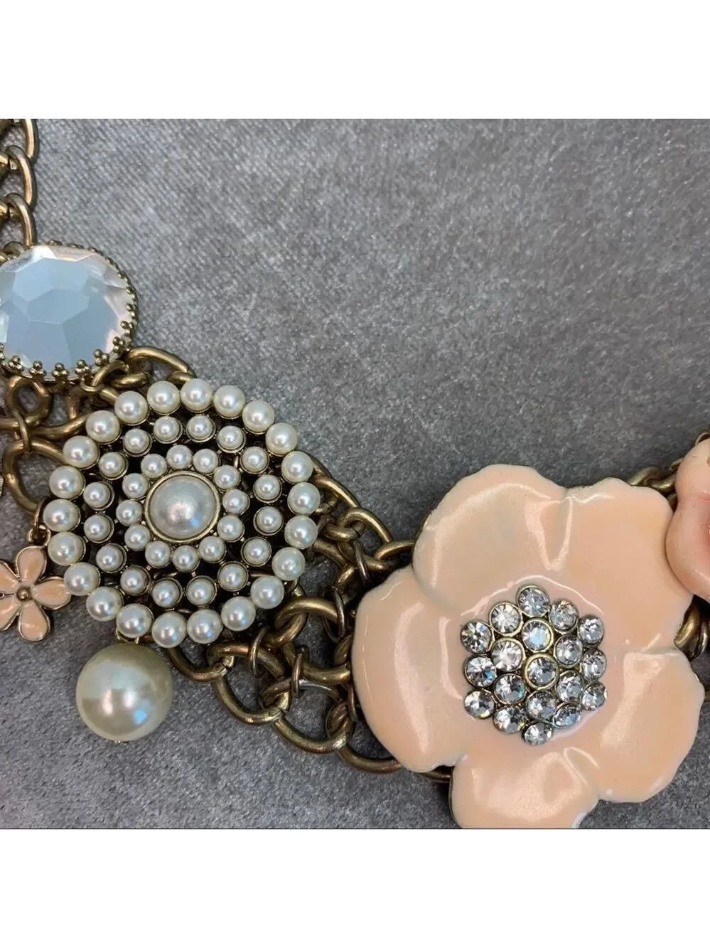 PEACH pink cream floral flower faux pearl leaf chunky statement necklace prom - Picture 6 of 10